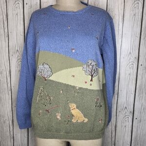 Vintage Tulchan 100% Cotton Novelty Sweater Golden Retriever Dog Garden Scene L
